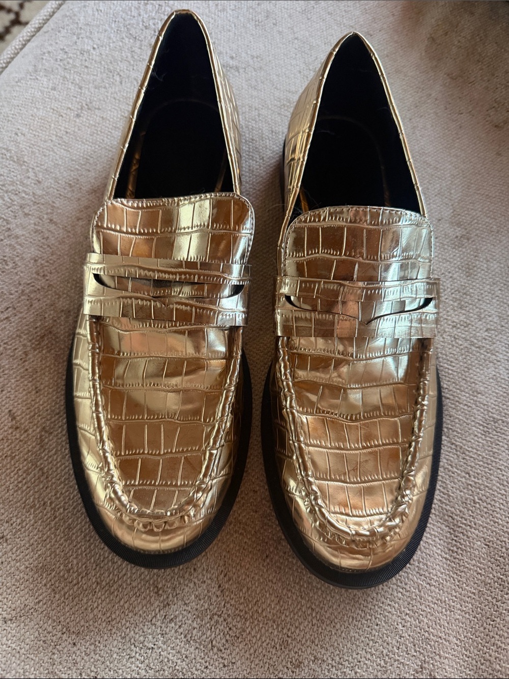 Zara Metallic Gold Croc-Embossed Loafers